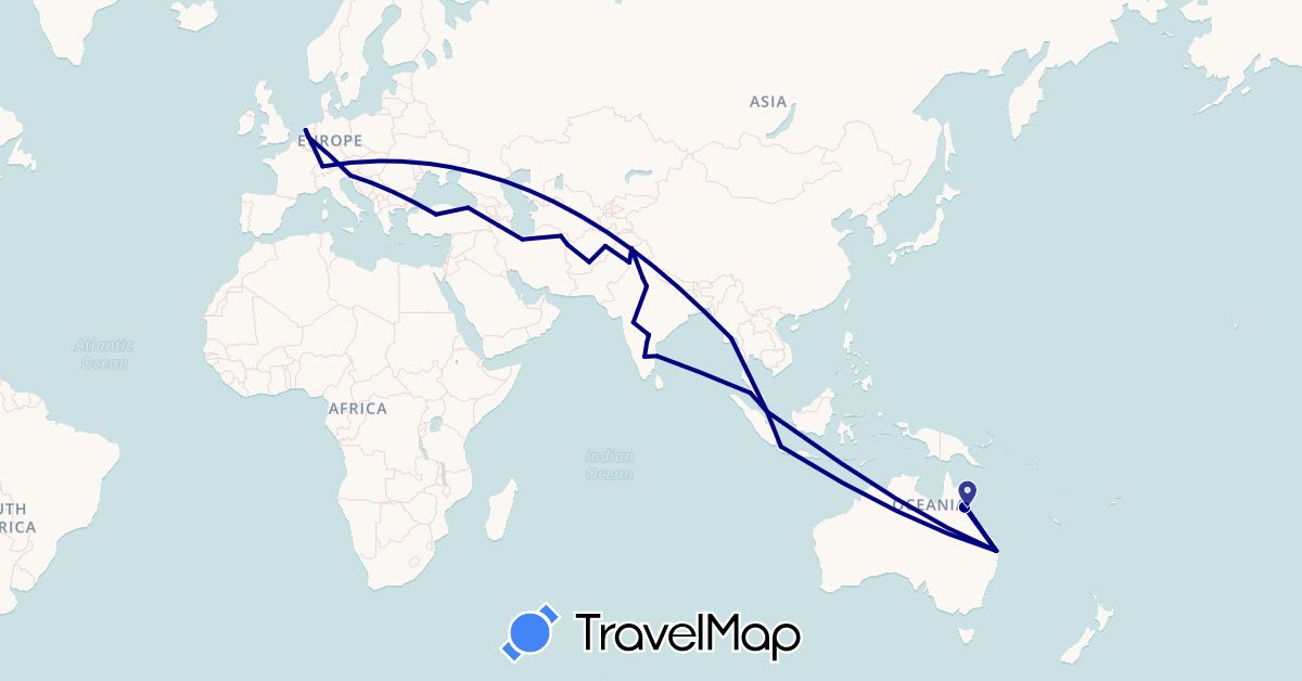 TravelMap itinerary: driving in Afghanistan, Australia, Switzerland, Indonesia, India, Iran, Myanmar (Burma), Malaysia, Netherlands, Pakistan, Singapore, Slovenia, Turkey (Asia, Europe, Oceania)